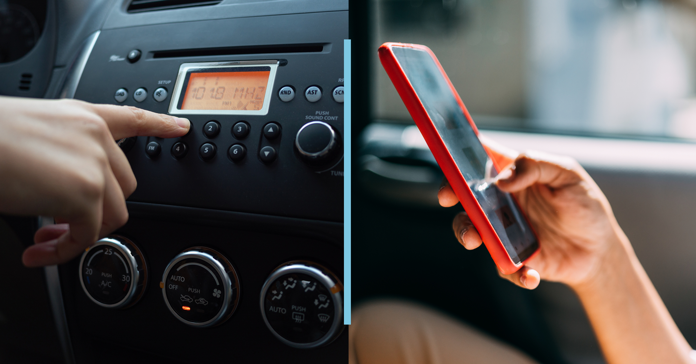 Driver adjusting car radio - scrolling on smartphone - split-screen media concept